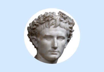 Marmorne Porträtbüste des Kaisers Augustus mit Kranz aus Eichenlaub.