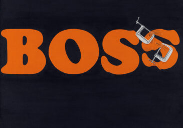 Gemaltes Bild mit den Buchstaben BOSS und einem Schraubstock