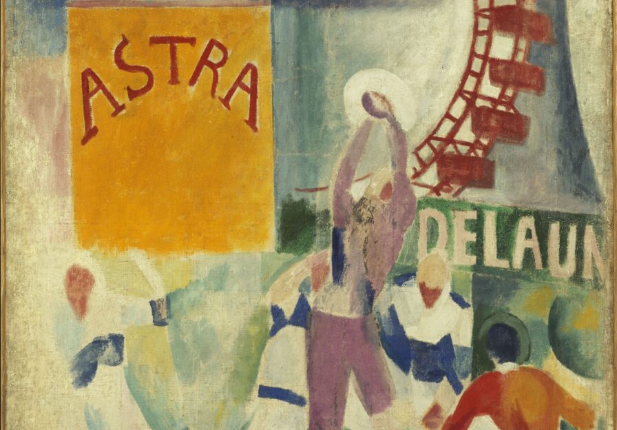 Rugby spielende Menschen vor einem Riesenrad, eingerahmt von großen Schriftzügen ASTRA und DELAUN.
