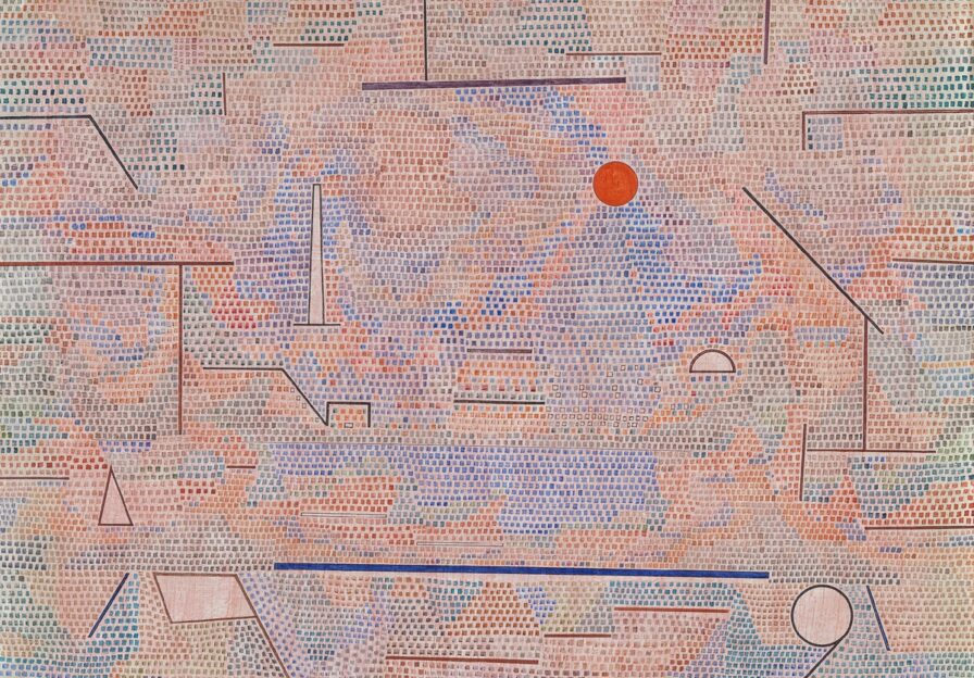 Geometrische Kleinformen auf gestempeltem blaurosa und grünblauen Untergrund lassen an eine Landschaft mit Architekturdetails denken.