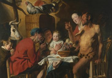 Der Ausschnitt des Gemälde von Jacob Jordaens zeigt einen bäuerlichen Innenraum mit Menschen, Tieren und einem Satyr,