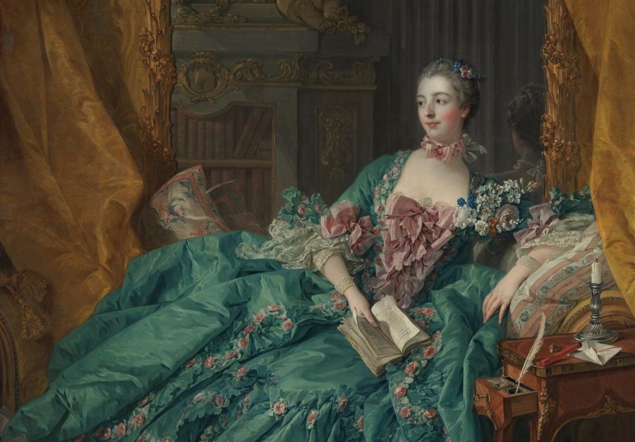 Die Abbildung zeigt einen Ausschnitt des Porträts von Madame de Pompadour, gemalt von François Boucher.