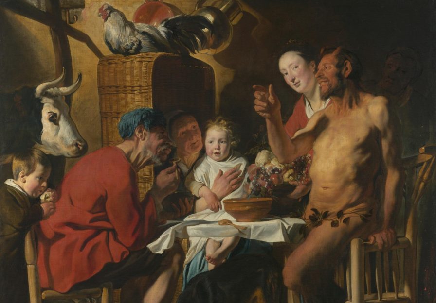 Der Ausschnitt des Gemälde von Jacob Jordaens zeigt einen bäuerlichen Innenraum mit Menschen, Tieren und einem Satyr,