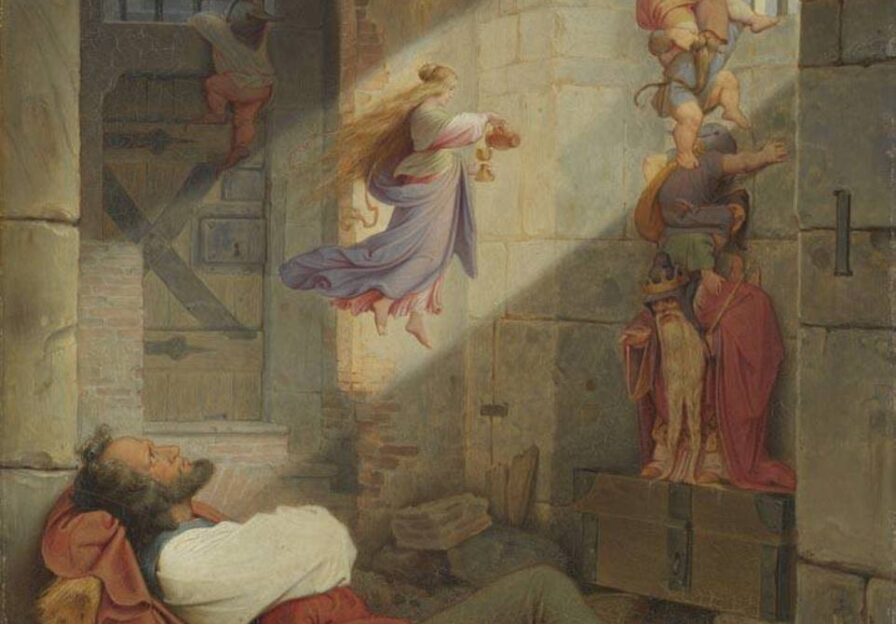 Moritz von Schwind, Der Traum des Gefangenen, 1836, Öl auf Pappe, 53 x 42,5 cm, Bayerische Staatsgemäldesammlungen, Sammlung Schack