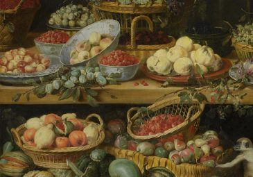 Das Bild zeigt den Ausschnitt eines großformatigen Gemäldes von Frans Snyders, auf dem alllerlei Obst und Gemüse nach Sorten sortiert in Gefäßen auf einem Tisch präsentiert sind.