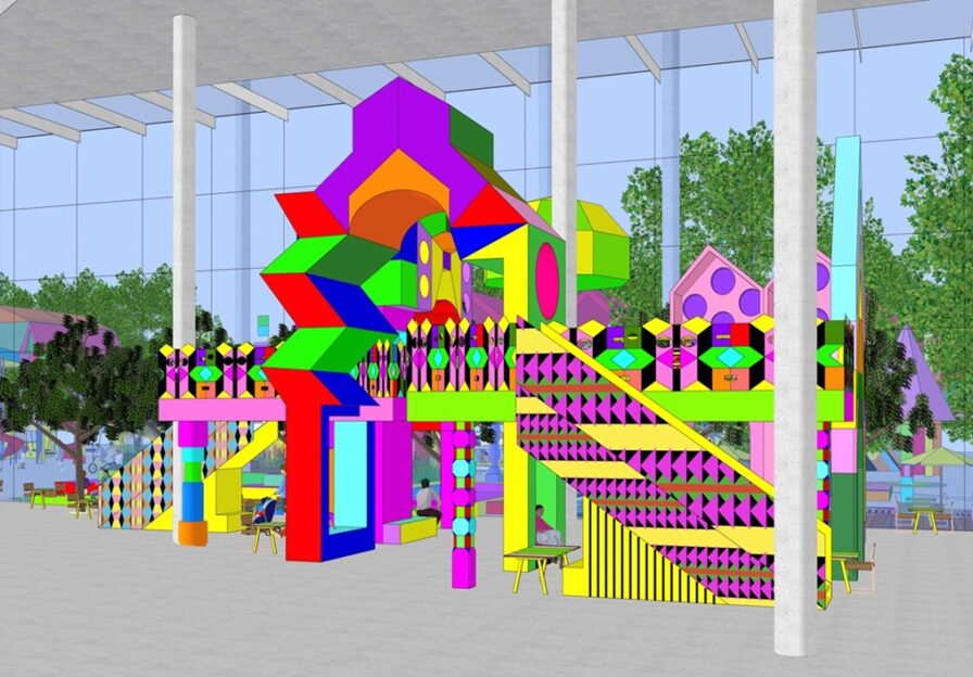 Der Entwurf FLUX der Künstlerin Morag Myerscough zeigt eine Architektur aus leuchtenden Farben und geometrischen Formen.