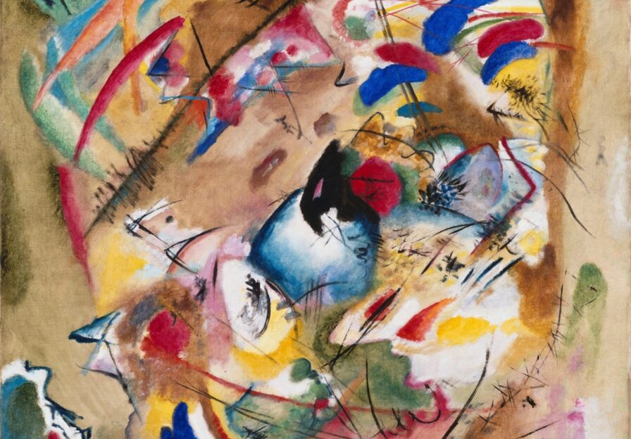 Expressiv abstraktes Gemälde aus vielfältigen farbigen Formen und grafischen Elementen.