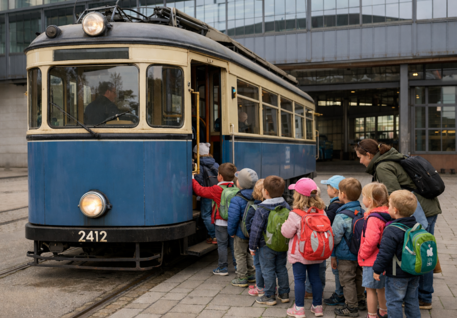 Kinder beim Einsteigen in eine historische Tram.
