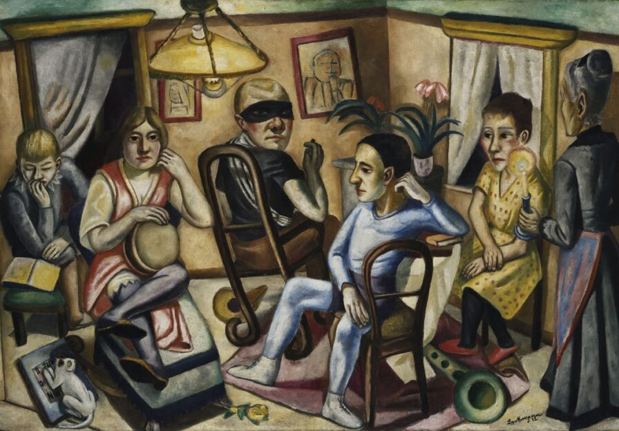 Auf engstem Raum und doch jeden für sich alleine, zeigt Max Beckmann sich selbst mit Frau, Sohn, Schwiegermutter und engen Freunden.