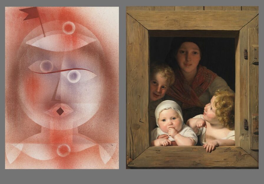 Zwei Gemälde von Paul Klee und Ferdinand Georg Waldmüler nebeneinander auf grauem Grund.