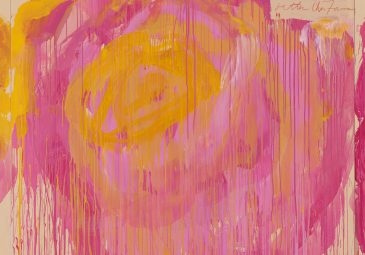 Gemaltes Bild mit abstrakten pinken und gelben Farbspuren