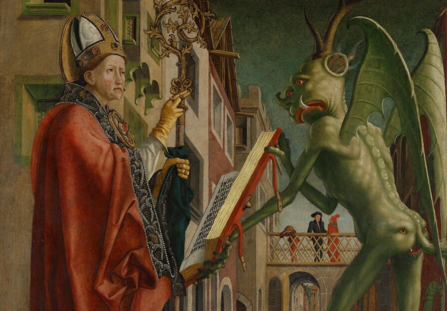 Die Abbildung zeigt einen Ausschnitt der Altartafel "Der Teufel weist dem hl. Augustinus das Buch der Laster vor". Sie ist Teil des sogenannten Kirchenväteraltars von Michael Pacher, das derzeit in der Sonderpräsentation "Wie Bilder erzählen" zu sehen ist.