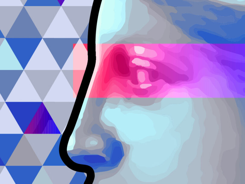 Stilisierte Silhouette einer Frau vor kleingemustertem Hintergrund.