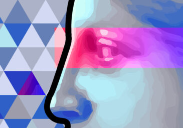 Stilisierte Silhouette einer Frau vor kleingemustertem Hintergrund.