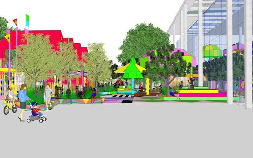 Bunte, digital generierte Entwurf-Skizze des Außengeländes vor der Pinakothek der Moderne.