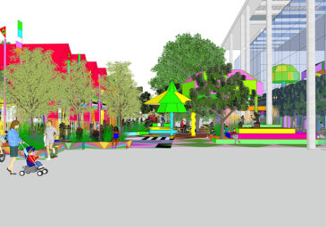 Bunte, digital generierte Entwurf-Skizze des Außengeländes vor der Pinakothek der Moderne.