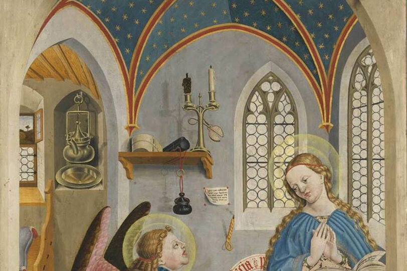Mittelalterliches Gemälde mit Verkündigungsszene: Innenansicht eines gotischen Raumes mit Maria und dem Erzengel
