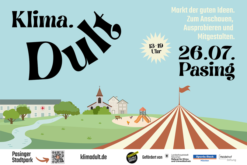Zirkuszeltdach vor Landschaft mit Spielplatz, Fluss und Gebäuden auf einem Plakat.