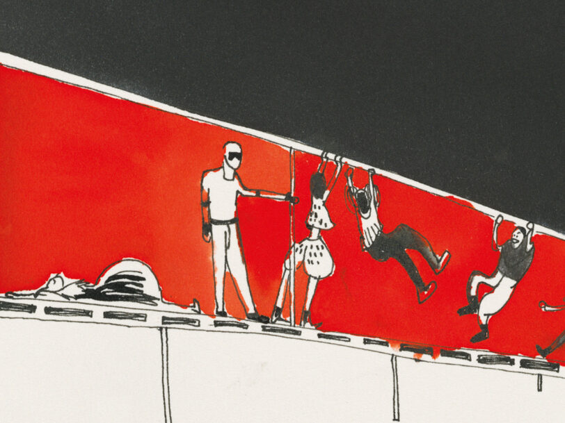 Zeichnung von einer Bühnenprobe mit mehreren Personen.