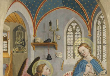 Mittelalterliches Gemälde mit Verkündigungsszene: Innenansicht eines gotischen Raumes mit Maria und dem Erzengel