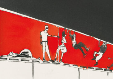 Zeichnung von einer Bühnenprobe mit mehreren Personen.