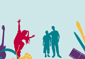 Vor türkisfarbenem Hintergrund bunte Schattenfiguren: Tanzende und stehende Jugendliche, eine Gitarre, ein Kopfhörer, Pinsel, Füller und ein Stück Filmrolle.